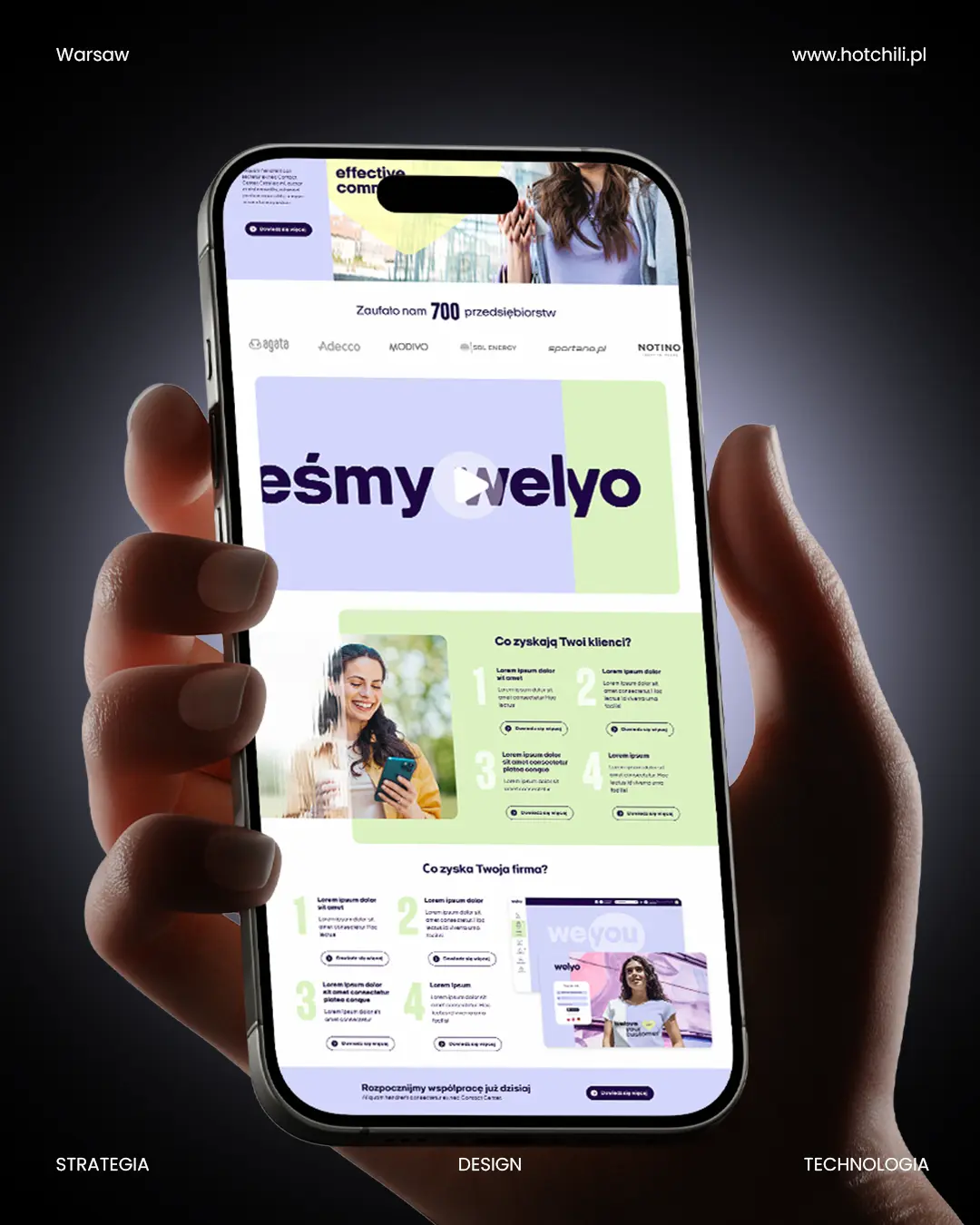 Responsywna wersja strony internetowej Welyo na urządzeniach mobilnych.